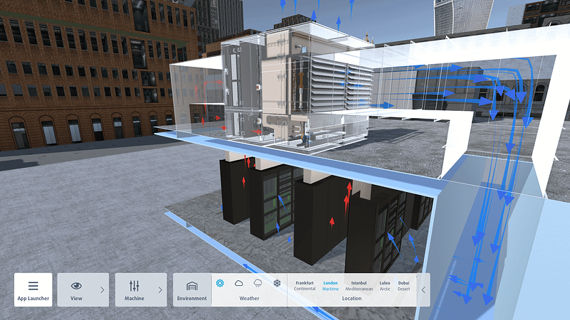 Photorealistic 3D rendering of compact condenser and realtime data on roof top