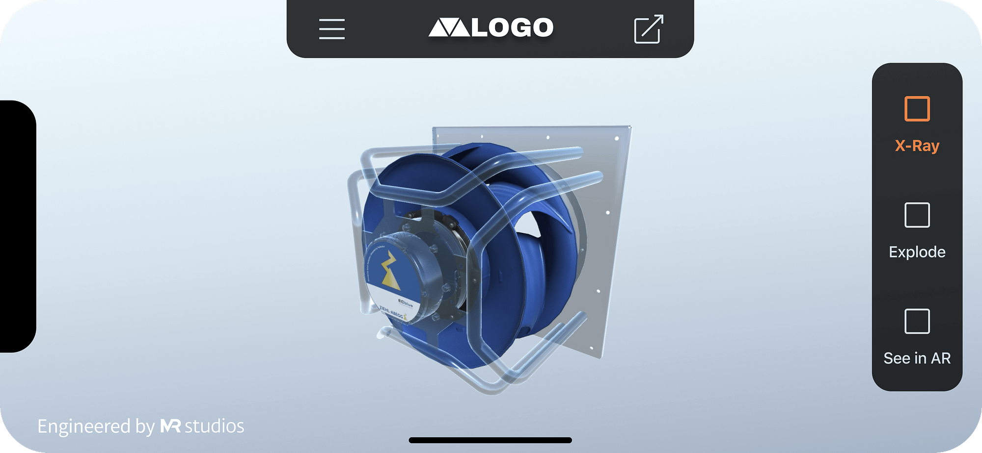 Virtual Product Showcase interactive 3D application interface of x-ray view of ZIEHL-ABEGG fan