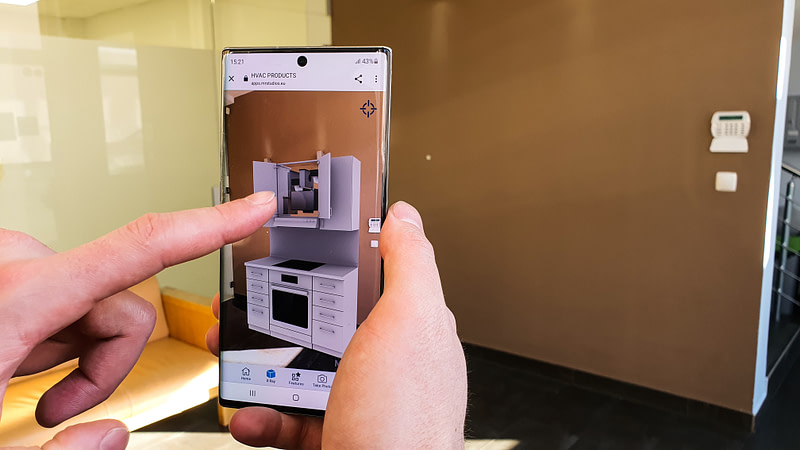 Kitchen ventilation Augmented Reality digital object in room through mobile phone camera