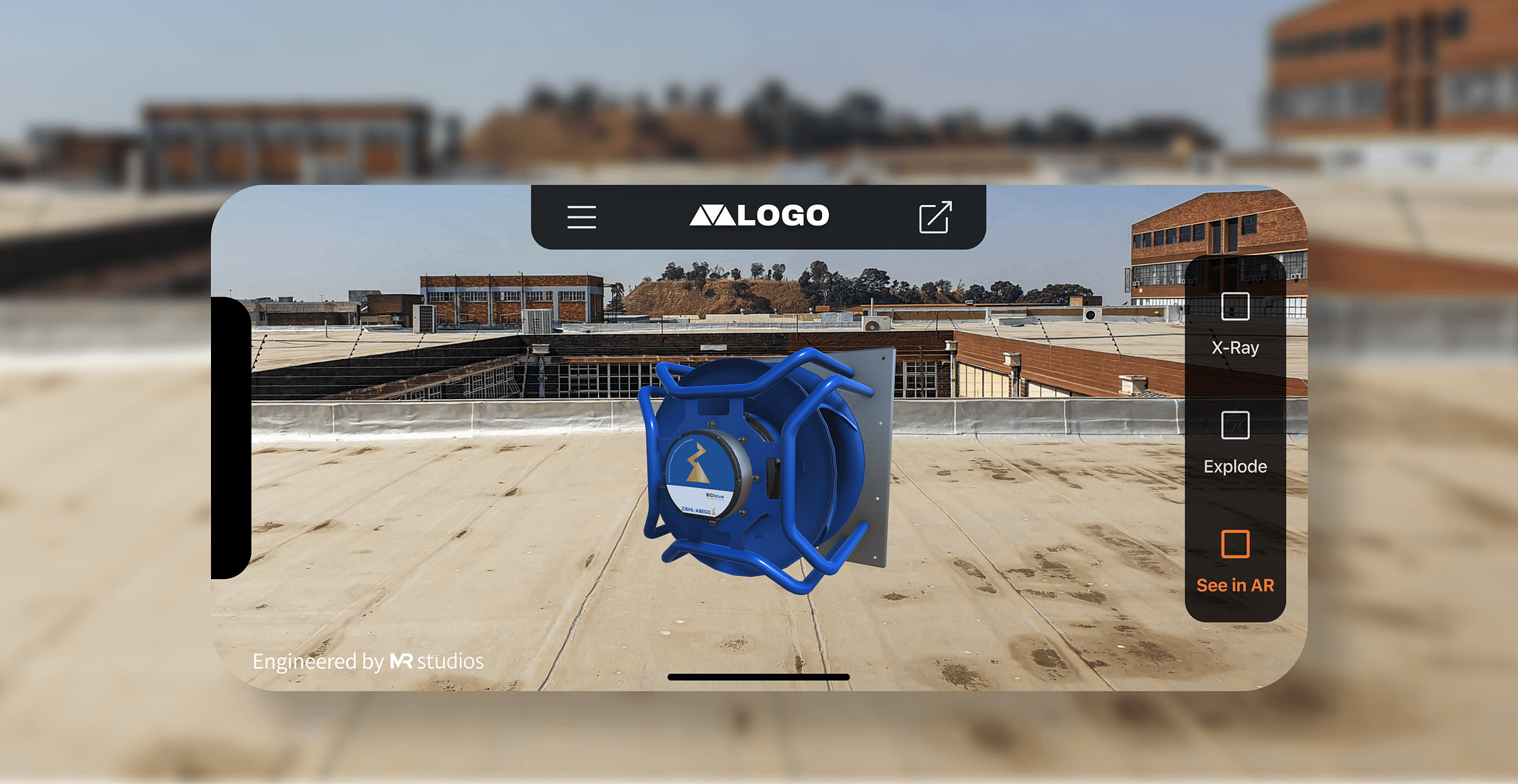 Virtual Product Showcase interactive 3D application interface of Augmented Reality AR view of ZIEHL-ABEGG fan