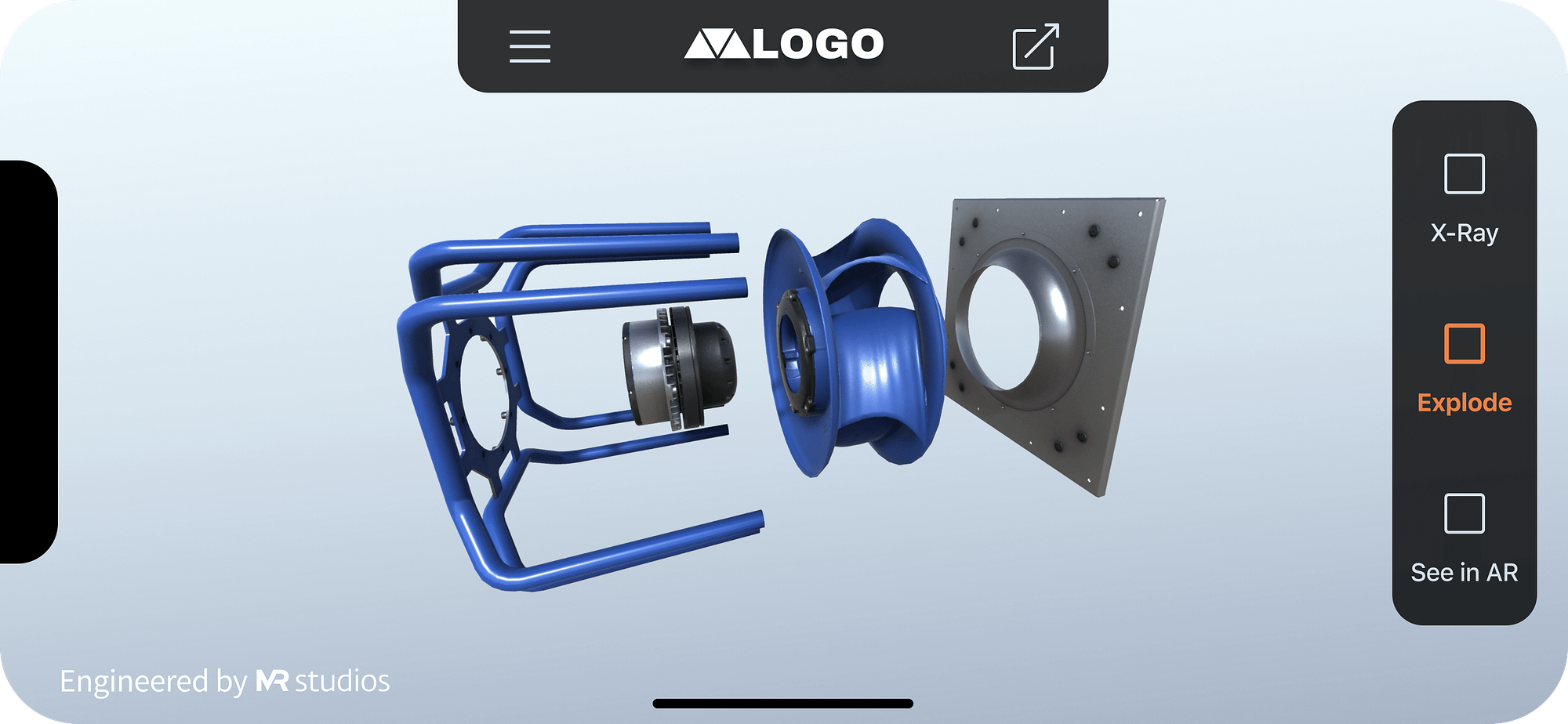 Virtual Product Showcase interactive 3D application interface of exploded view of ZIEHL-ABEGG fan
