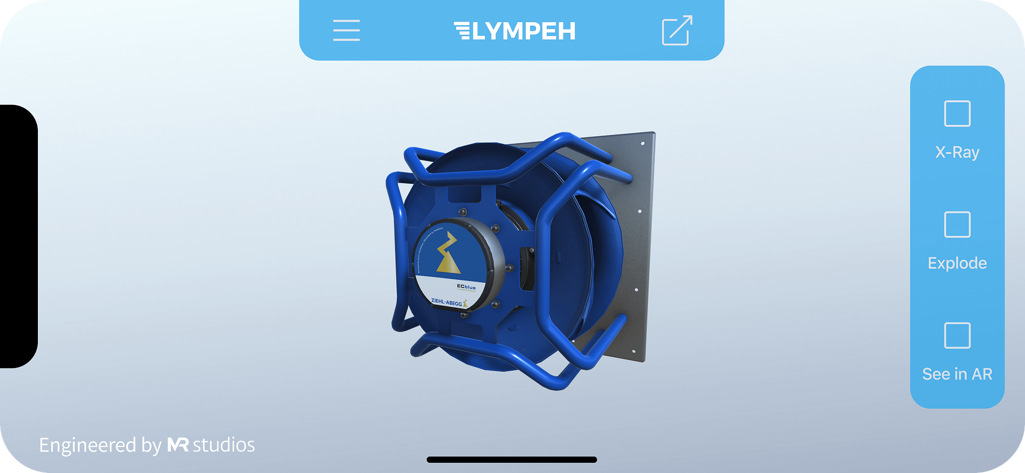 Blue Virtual Product Showcase interactive 3D application interface of view of ZIEHL-ABEGG fan