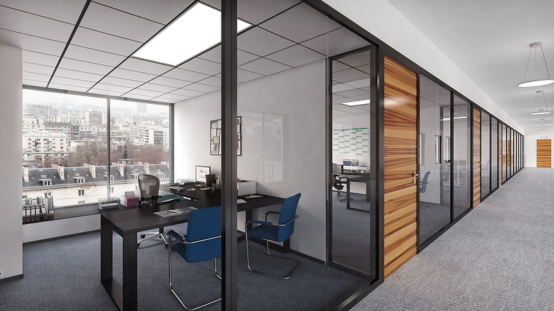 Realistic 3D rendered image of modern office with wood and glass elements